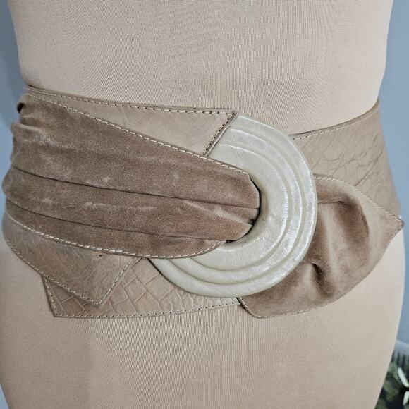 Tequila Corset Wide Taupe Belt with Spiral Buckle Draped Design Leather Suede - Picture 1 of 6